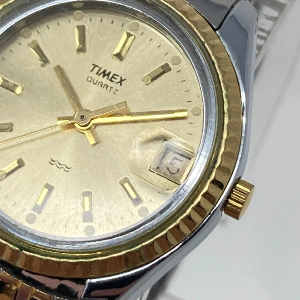 Vtg Timex Watch Women 25mm Silver Gold Two Tone Date Bubble WR New Battery 6.25